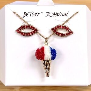 Brand New Betsey Johnson Patriotic Ice Cream Cone Necklace Red Lips Earrings Set